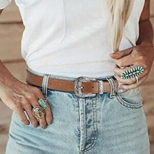 Ssumday Leather Belt Western Boho Silver-tone Floral Buckle Light Brown MEDIUM